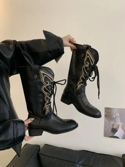 Retro Butterfly Embroidery Wedges Ankle Boots Women Fashion Rivet Sewing Lace Up Mid Calf Boots Luxury Cozy Brand Designer Boots