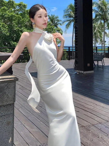 French Summer Beige Temperament Sexy Club Backless Halter Long Dress Rose Vintage Sleeveless Off Shoulder Elegant Party Dresses