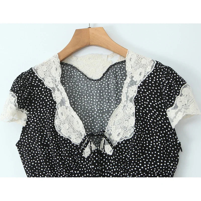 New 2026 Women Short Sleeve V Neck Elegant A-line Midi Summer Polka Dot Dresses Holiday Robe