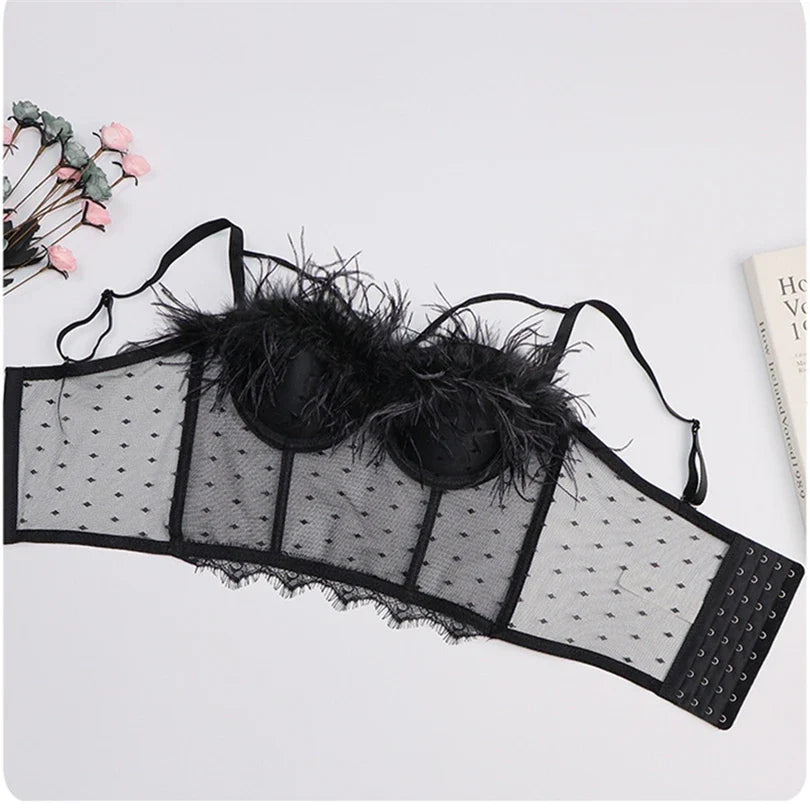 Summer New Women Mesh Lace Feather Camisole Bustier Bra Cropped Tops Beading Fishnet Hot Diamond Sexy Sleeveless Vest Slim