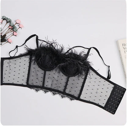 Summer New Women Mesh Lace Feather Camisole Bustier Bra Cropped Tops Beading Fishnet Hot Diamond Sexy Sleeveless Vest Slim