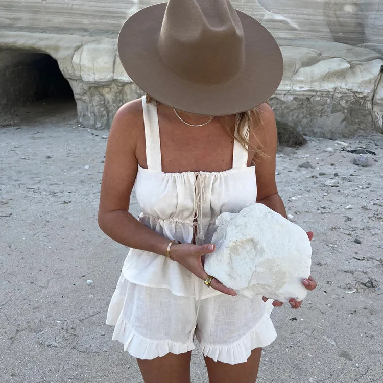 White Ruffle Shorts Sets Square Collar Sleeveless Drawstring Tank Tops+Shorts Summer Casual Simple Suits For Women 2 Piece Set