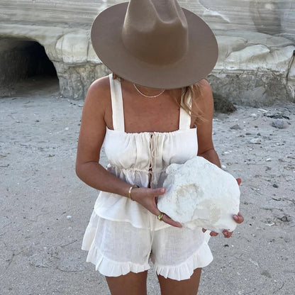 White Ruffle Shorts Sets Square Collar Sleeveless Drawstring Tank Tops+Shorts Summer Casual Simple Suits For Women 2 Piece Set