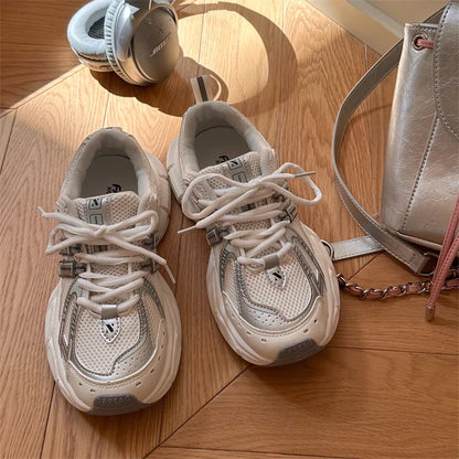 High Quality Casual Sneakers Women Breathable Mesh Mixed Colors Striped Design Thick Sole Platform Ladies Shoes