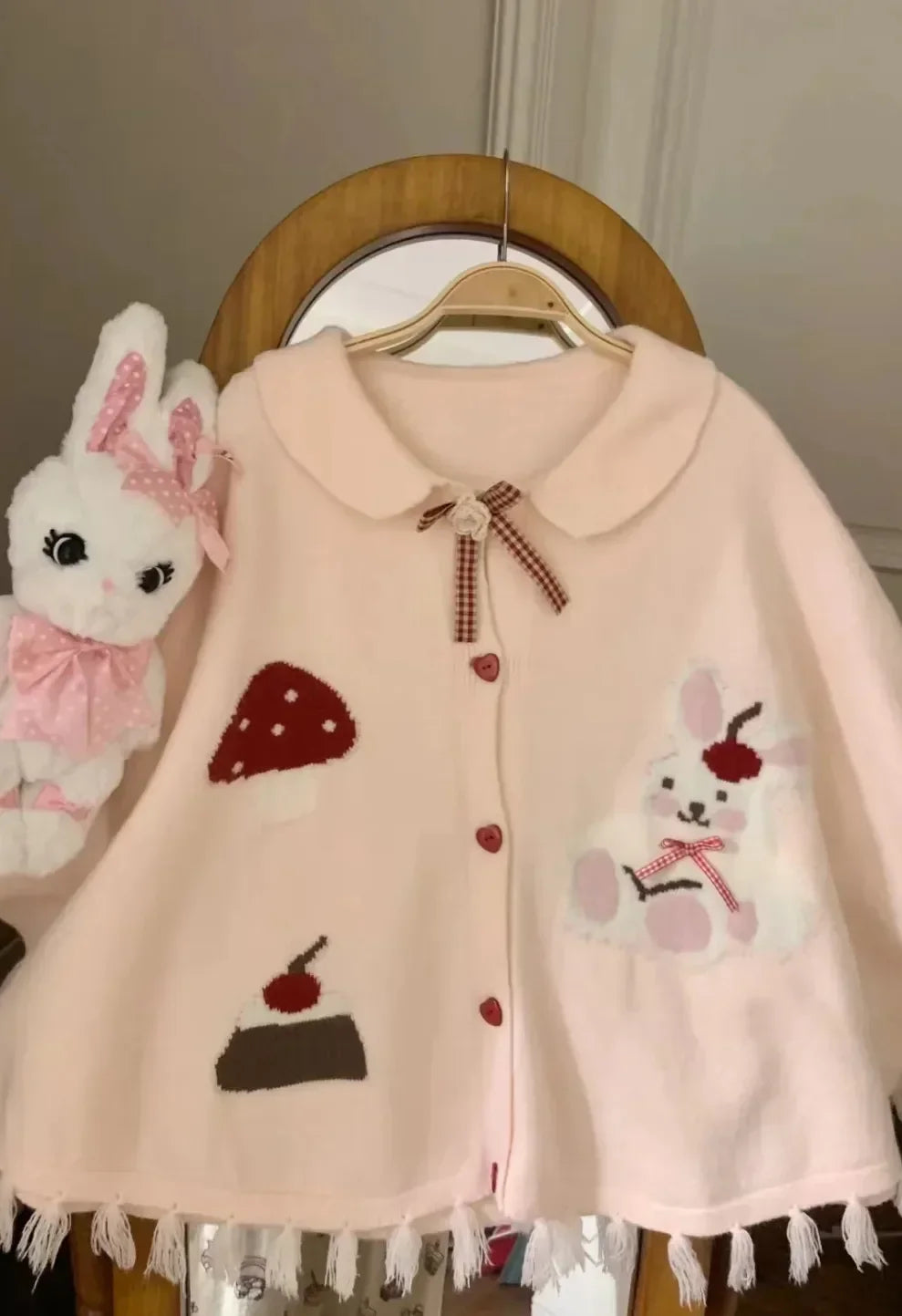 Japanese College Style Autumn Winter Cute Bunny Shawl Cloak Kawaii Lapel Tassel Bow Cardigan Women Knitted Sweater Top