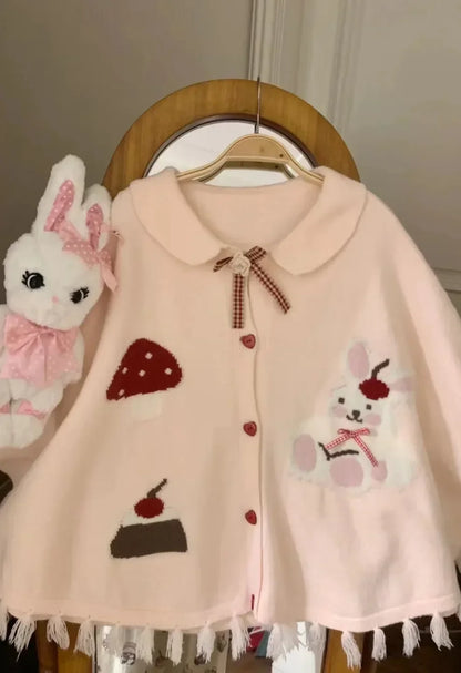 Japanese College Style Autumn Winter Cute Bunny Shawl Cloak Kawaii Lapel Tassel Bow Cardigan Women Knitted Sweater Top