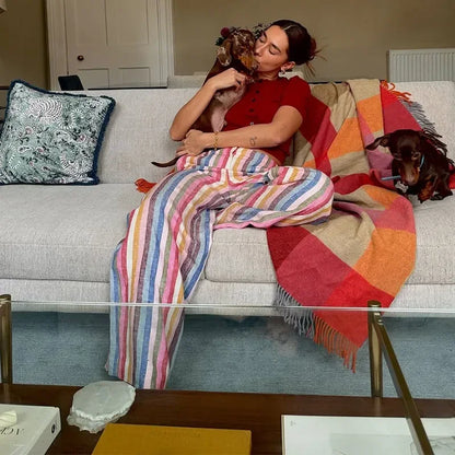 Casual Colorful Striped Women's Pants Loose Zipper Pockets High Waist Wide Leg Trousers Spring Summer Lady All-match Pant