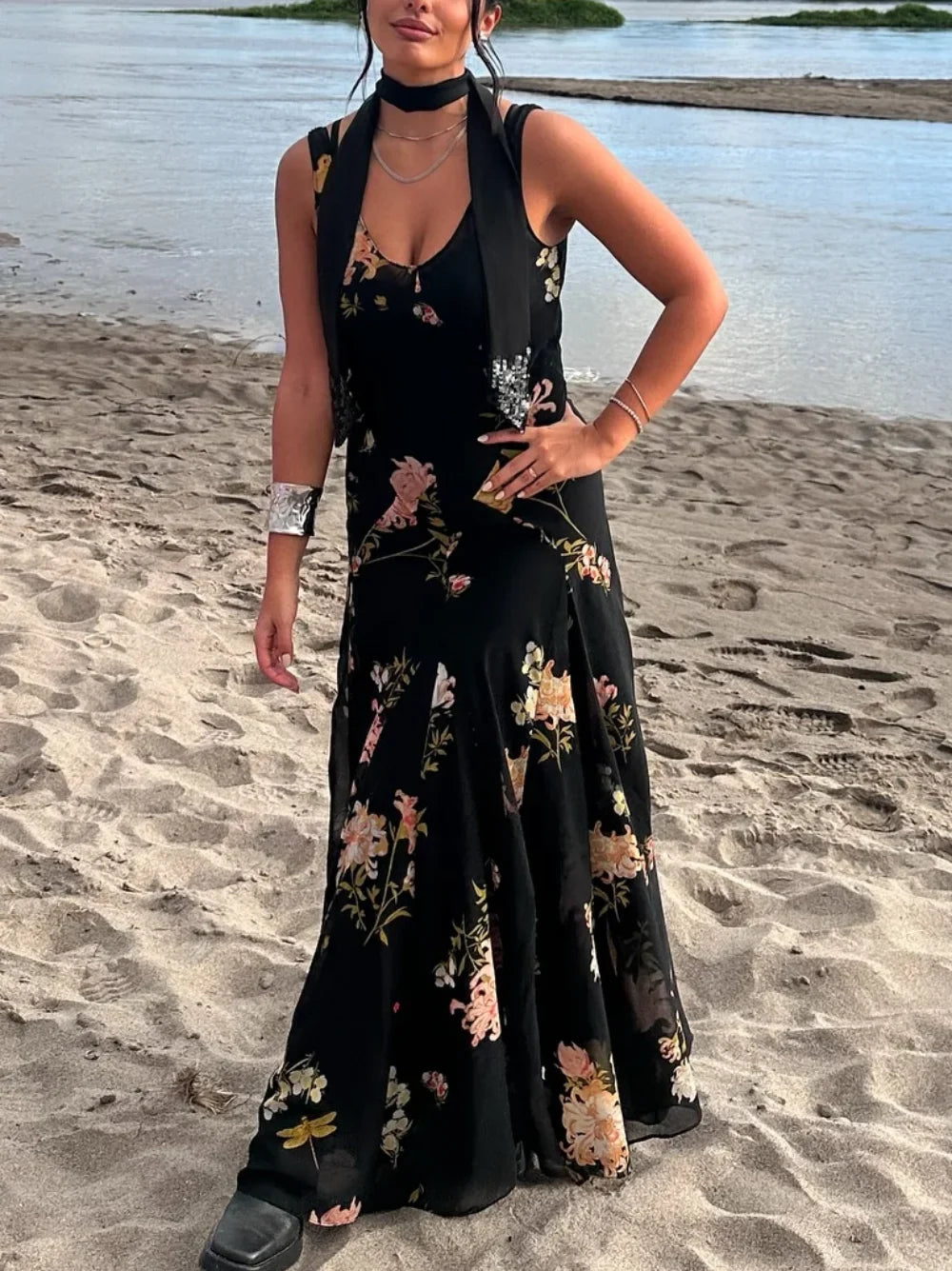 Women's Summer V-Neck Sleeveless Midi Dress Female Sexy Printed Pleated Decoration Sling Waist Evening Party Dress