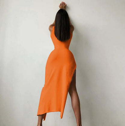 Rib Knit Mock Neck Sleeveless High Split Bodycon Maxi Dress