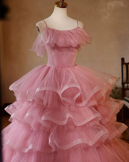 Elegant Blush Pink A Line Ruffles Tulle Ball Gowns New Vestidos SweetTier Upon Tier Dress Fluffy Tiered Ruffled Robe