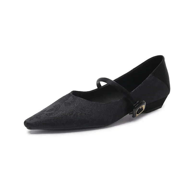 New High Grade Satin Shallow Mouth Flat Bottom Single Shoes Retro Pointed Straight Straw Women's Shoes