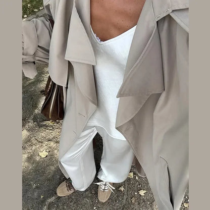 Casual Women's Trench Coat Lace Up Turn-Down Collar Solid Lady Long Jackets 2025 Autumn Winter Female Street Outwear New