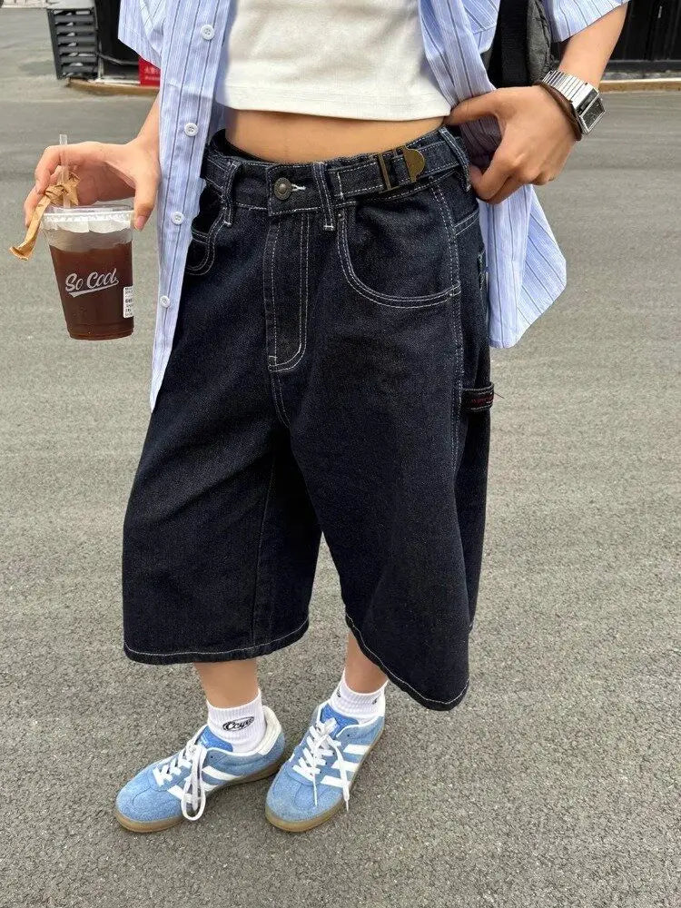 Denim Shorts Women High Waisted Harajuku Vintage Baggy Do Old Belt Straight Wide Leg Jeans Y2k Causal Half Pants Summer