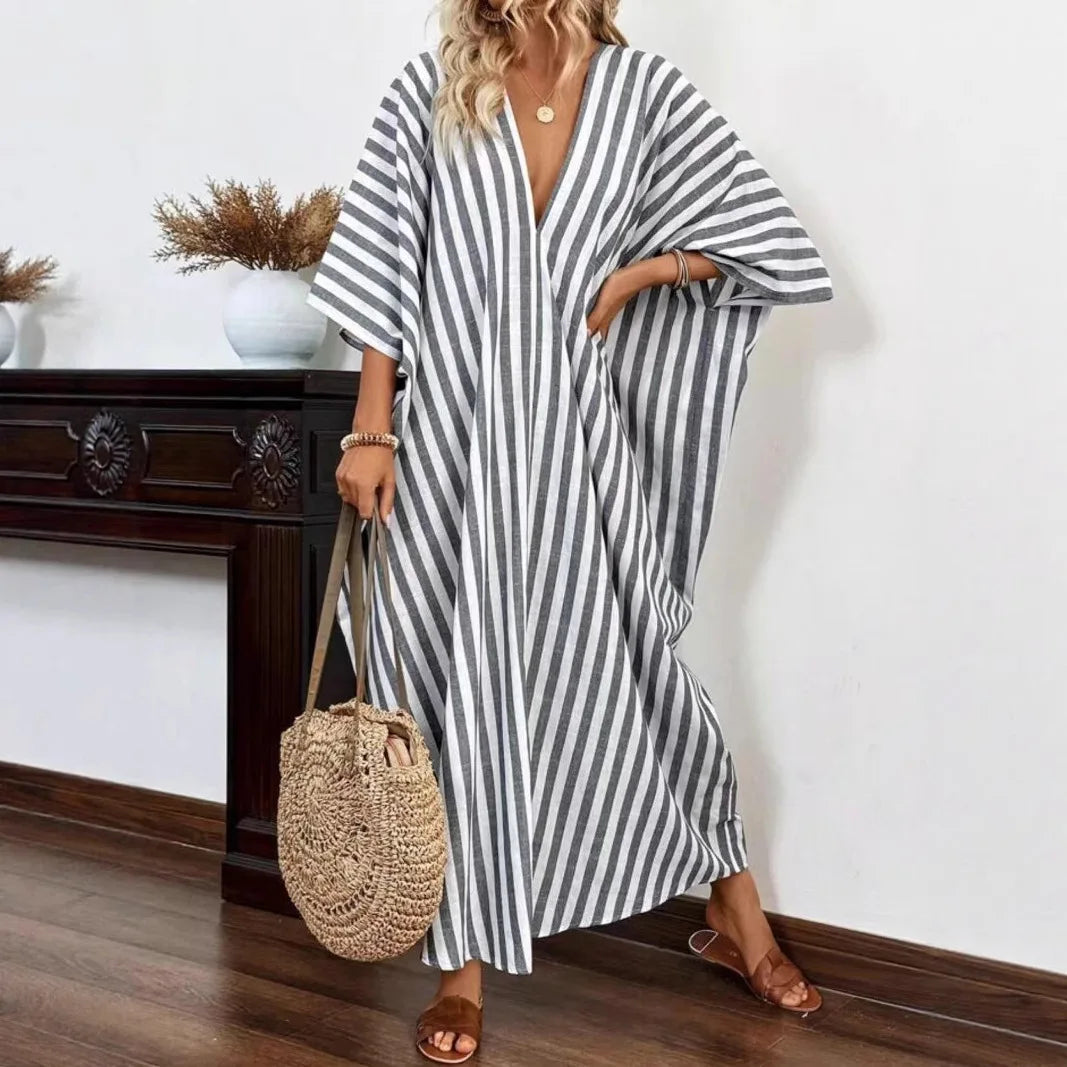 Summer New Fashion Loose Casual V-neck Striped Long Dress