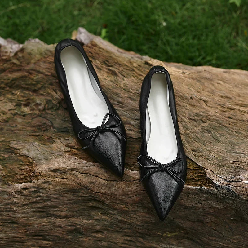 Women Flats French Style Sheepskin Ballets Woman Simple Shoe Spring Autumn Retro Pumps Flat Heel Square Toe Bowtie Footwear