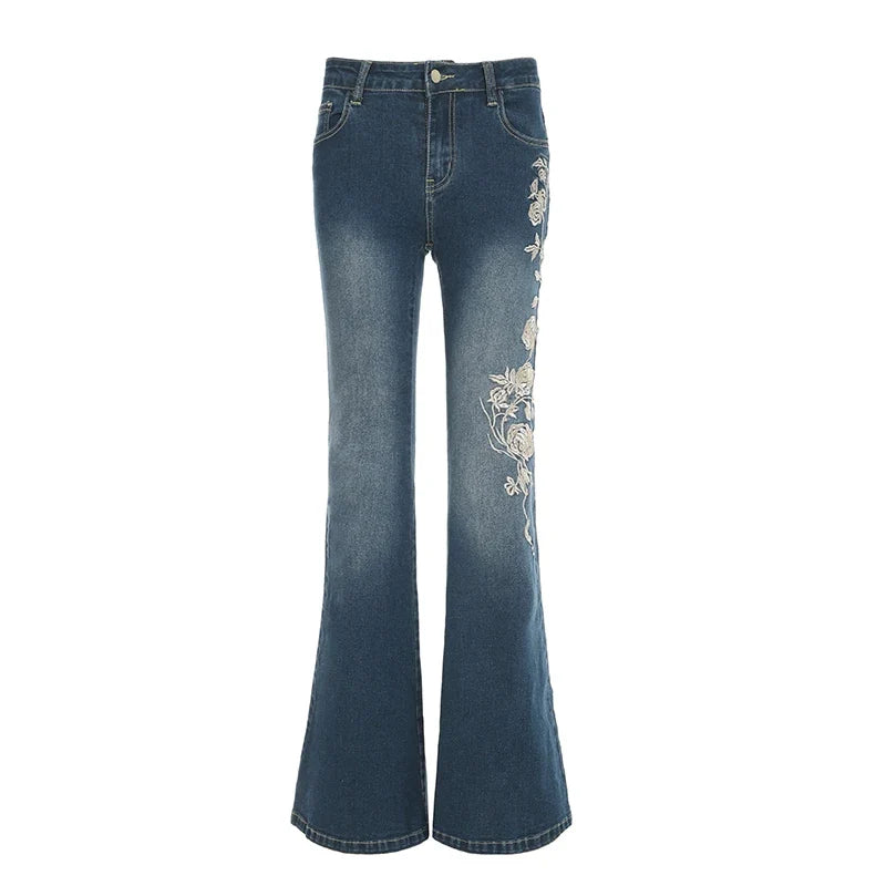 Y2K Rose Embroidered Trumpet Jeans Women Fashion Aesthetic Slim Flare Pants Vintage Blue 2000s Denim Trousers Spring