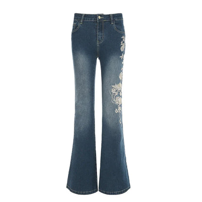 Y2K Rose Embroidered Trumpet Jeans Women Fashion Aesthetic Slim Flare Pants Vintage Blue 2000s Denim Trousers Spring