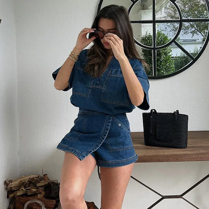 Classic Denim V-neck Shirt Mini Skirt Set Women Vintage Loose Lapel Tops Irregular A-lined Skirts Sets Female Chic Street Outfit