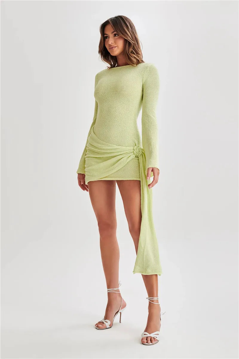 Boucle Knit Boat Neck Bell Sleeve Knot Detail Wrap Mini Dress