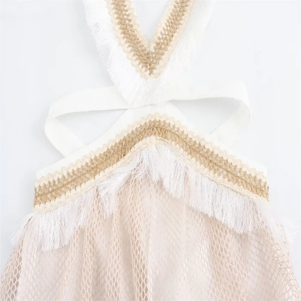 Deep V Neck Ruffle Trim Waist Cutout Tiered Mesh Maxi Dress