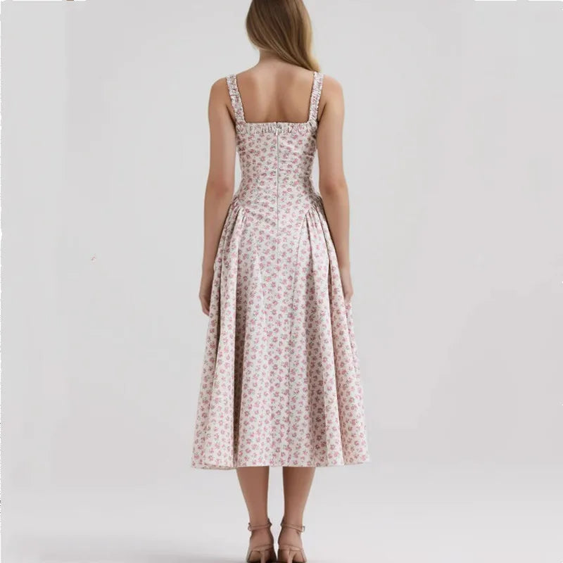 Square Neck Ruffle Strap Ditsy Floral Fit and Flare Midi Dress