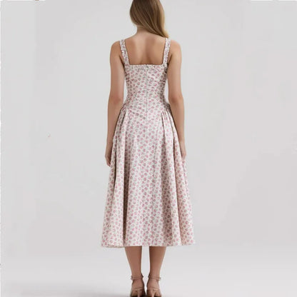 Square Neck Ruffle Strap Ditsy Floral Fit and Flare Midi Dress