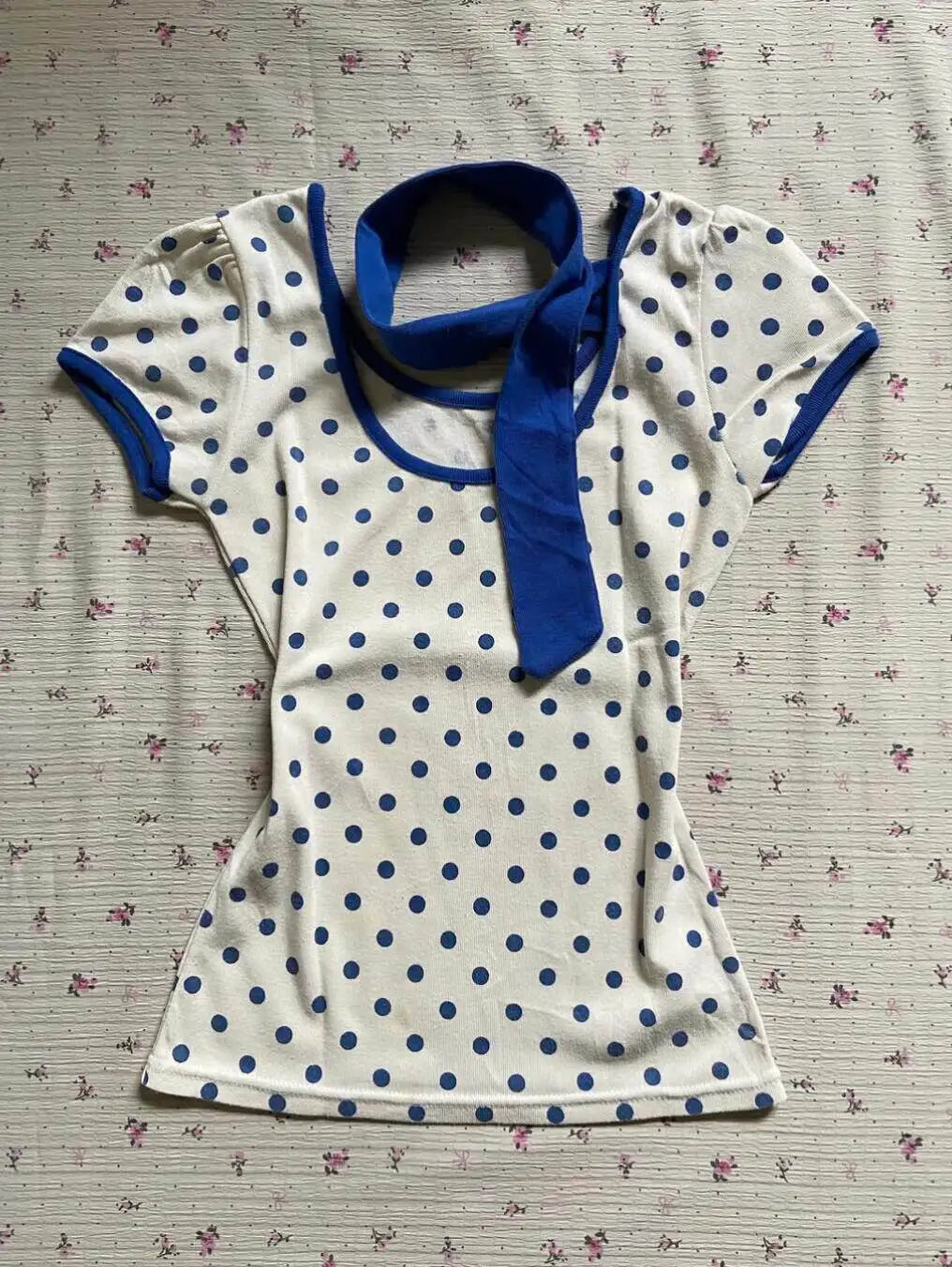 Retro Niche Polka Dot Short Sleeved Round Neck Top T-shirt Slim Spicy Girl Ins Style Y2k Tops