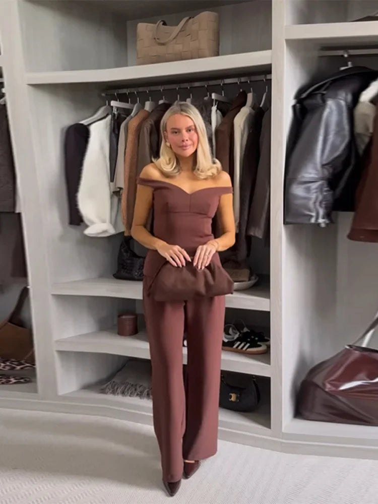Women's Suit Solid Off Shoulder Backless Waist Cinching Sleeveless Top Straight Trousers Female 2 Pieces Summer Matching Sets
