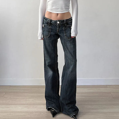 Grunge Aesthetic Flare Jeans Women Retro Stylish Y2K Dark Blue Denim Pants Spring Outfits Casual Slim Trousers Ladies
