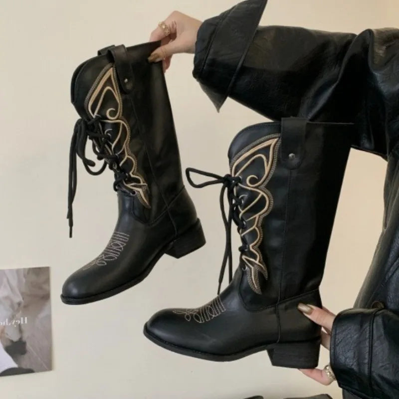 Retro Butterfly Embroidery Wedges Ankle Boots Women Fashion Rivet Sewing Lace Up Mid Calf Boots Luxury Cozy Brand Designer Boots