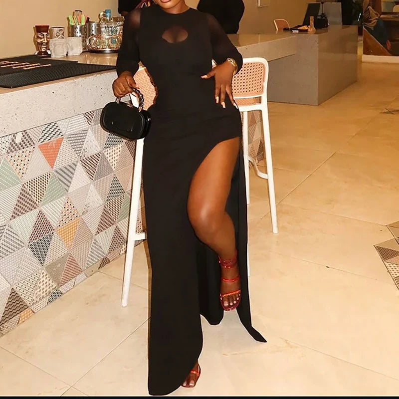 Elegant High Split Slim Wrap Hips Dress Lady See-through Sleeve Solid Evening Dresses Sexy Mesh O-neck Hollow Out Bodycon Dress