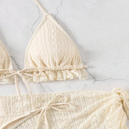Sexy Beige Mesh Swimsuit Cover Ups String Micro Thong Bikini Women Swimwear 2025 Beach Wear Triangle 3 Piece Bikinis Set Damen