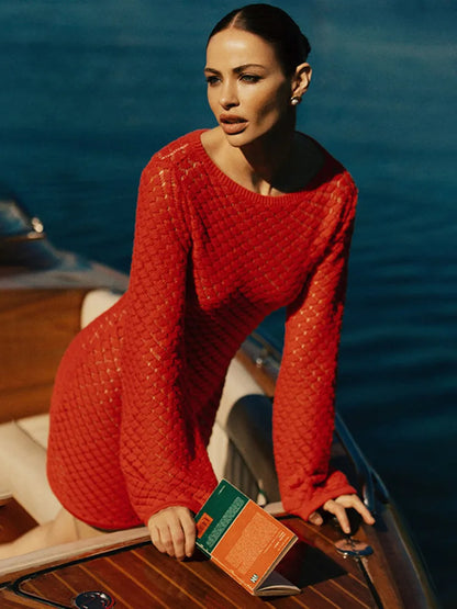 Round Neck Open Knit Lattice Bell Sleeve Crochet Mini Dress