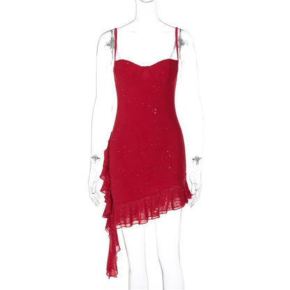 Spaghetti Strap Ruffled Sexy Mini Dress For Women Red Fashion Sleeveless Backless High Waist A-line Club Party Dress