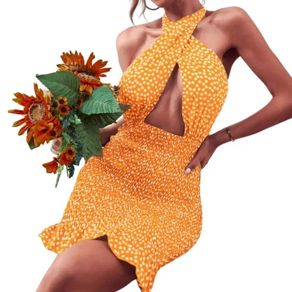Women Close-fitting Backless Dress Sexy Floral Printed Pattern Halter Neck Hollow Out Short Dresses Summer Club Wear