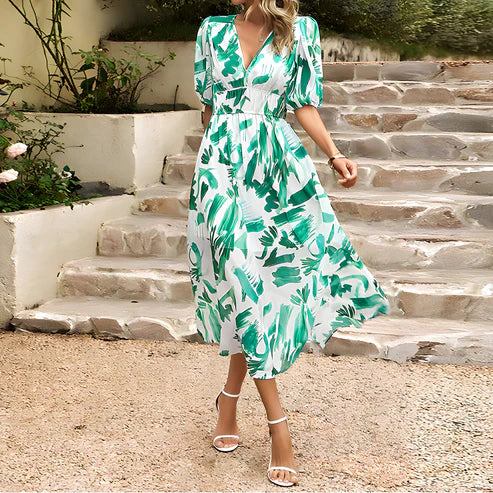 Abstract Floral Print Puff Sleeve Surplice V-Neck Cinched Waist Midi Dress