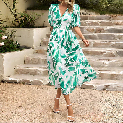 Abstract Floral Print Puff Sleeve Surplice V-Neck Cinched Waist Midi Dress