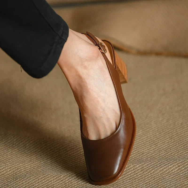 Womens' Sandals Retro French Style Shoes For Spring Thick Square Heel Closed Toe Pumps Summer Sandals Real Leather Slingbacks
