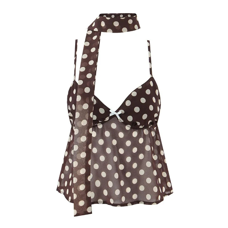 Summer Hot Sale Retro Color Wave Dot Hanging Neck Top and Half Skirt Two Piece Set for Women