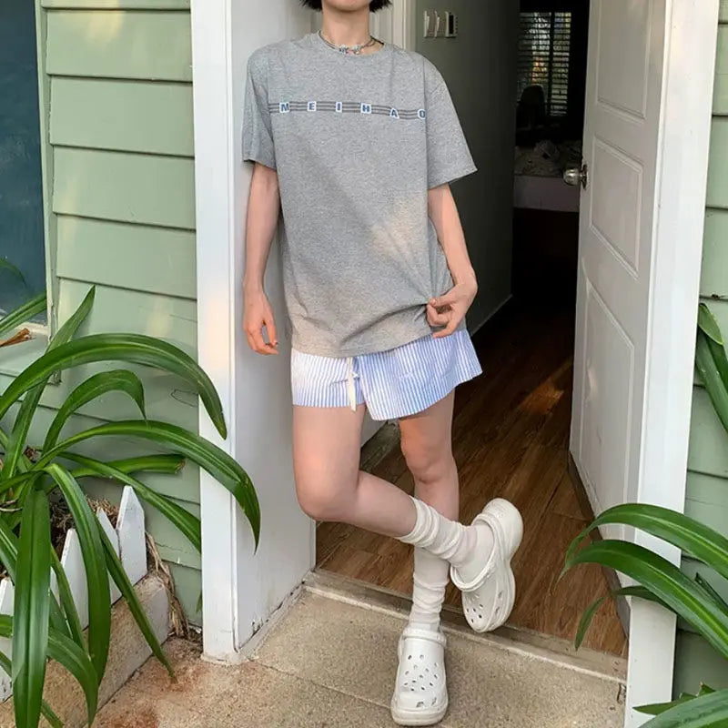 Summer Retro Splicing Vertical Striped Shorts Women's Loose Wide-leg Casual High Street Personality Pants Male Clothes