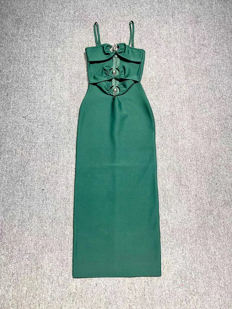 Sweetheart Spaghetti Strap Midriff Cutout Metal Ring Bodycon Maxi Dress