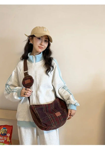 Japanese Retro Woolen Plaid Messenger Bag, Large-capacity High School Student Bag, Korean Version of Mother-child Shoulder Bag