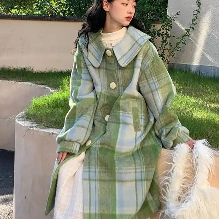 Woolen Coat Loose Fit Plaid Green Button Design Doll Collar Big Size Long New Long Sleeve Women Fashion Tide Autumn Winter