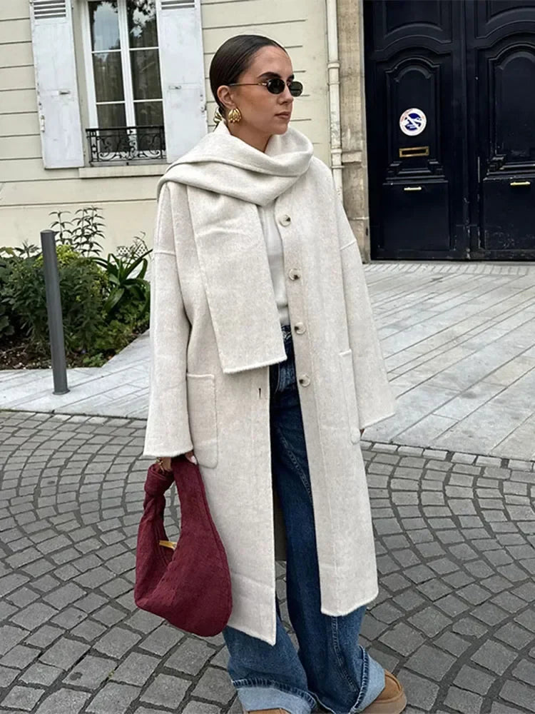 Elegant Autumn Winter Women Scarf Wool Overcoat Fashion Long Sleeve Solid Single Breasted Lady Coats New Daily Chic Outwear