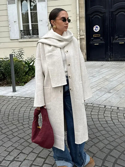 Elegant Autumn Winter Women Scarf Wool Overcoat Fashion Long Sleeve Solid Single Breasted Lady Coats New Daily Chic Outwear