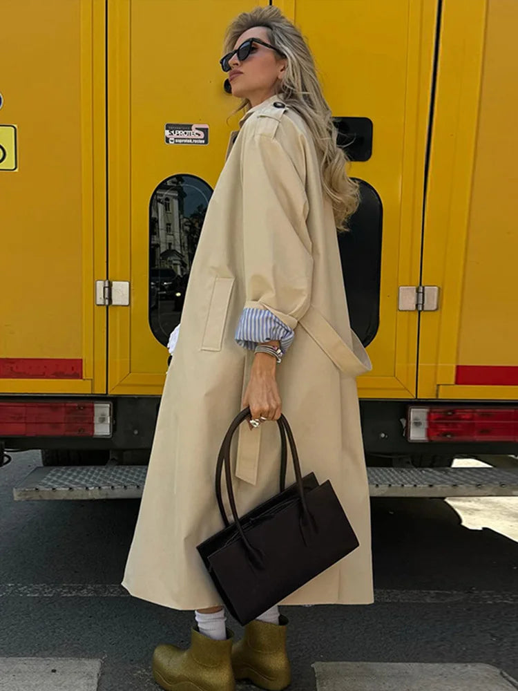 Vintage Splicing Striped Khaki Trench Women Retro Lapel Single-Breasted Long Windbreaker Lady Autumn Elegant Chic Street Outwear