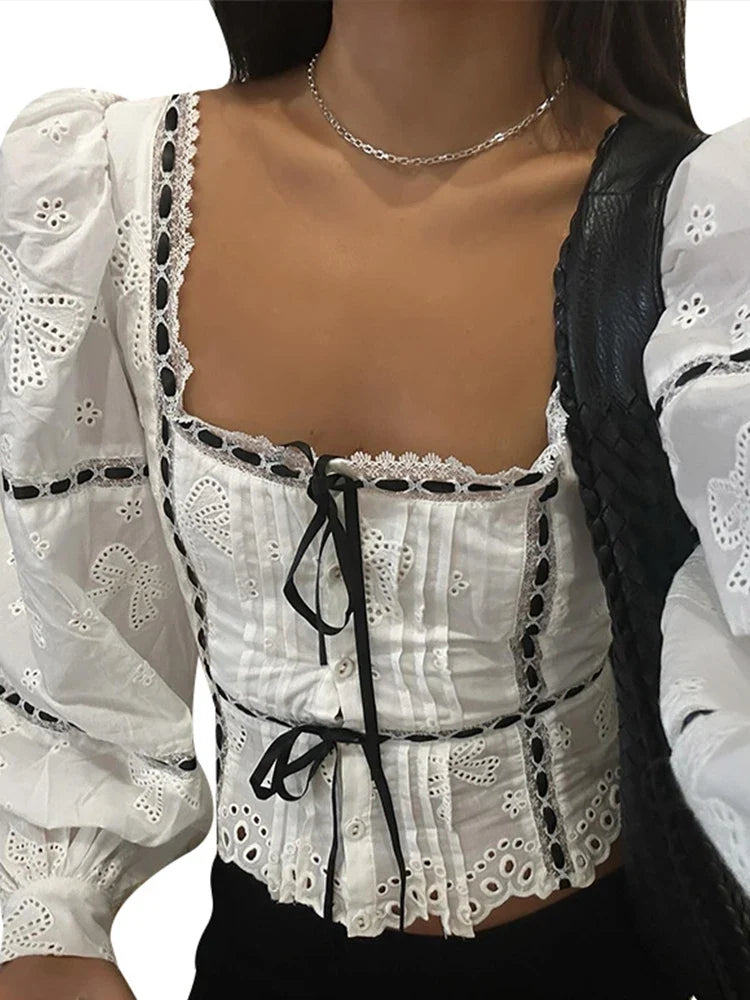 Elegant Lace Up Women Shirt Top Puff Long Sleeve Lady Blouses 2024 Spring Summer Fashion Sweet Square Collar Female Streetwear