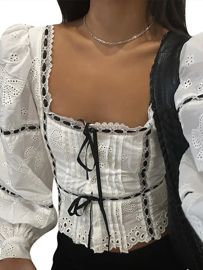 Elegant Lace Up Women Shirt Top Puff Long Sleeve Lady Blouses 2024 Spring Summer Fashion Sweet Square Collar Female Streetwear