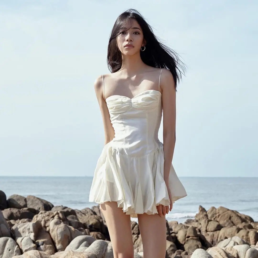 Spaghetti Strap Ruched Sweetheart Drop Waist Tiered Ruffle Mini Dress