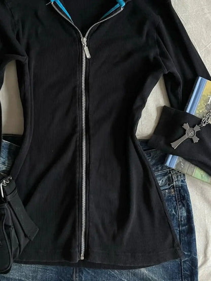 Black Long-sleeved Slim Cardigan Jacket for Women Fashionable and Simple Long-sleeved Top Streetwear Women Y2k Slim Fit Top